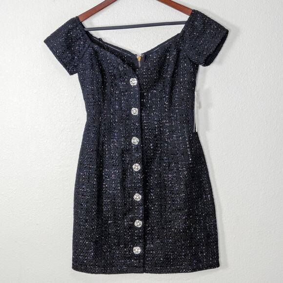 NEW Aqua Women’s Dress Tweed Clueless Preppy Off Shoulder Rhinestone Button Sz S - Picture 1 of 10